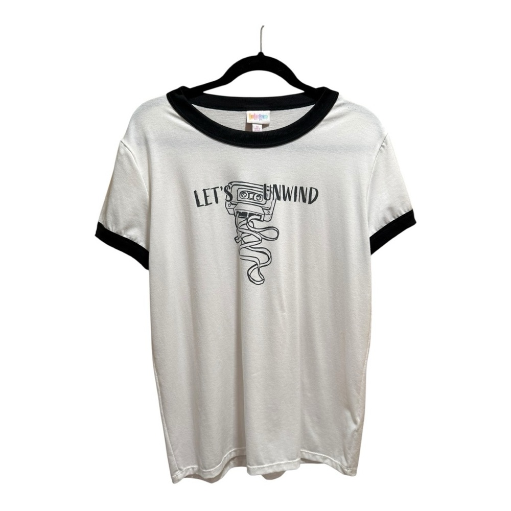 LuLaRoe Let’s Unwind Cassette Tape Graphic Ringer Tee Size M